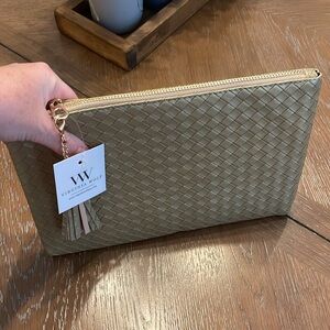 Virginia Wolf - gold clutch with tassel and cross weave design - NWT